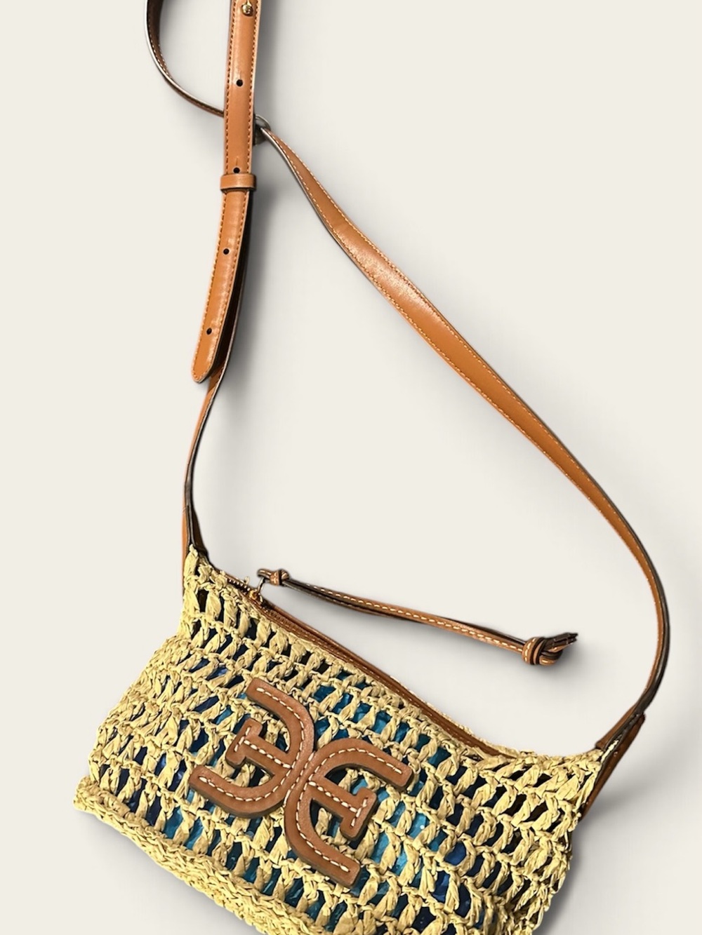 Sam Edelman Woven Straw Crossbody Bag with Tan Leather Trim